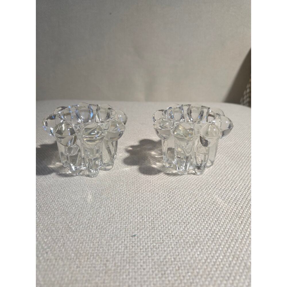 Vintage Reims France Clear Bubble Glass Candle Holder Set
